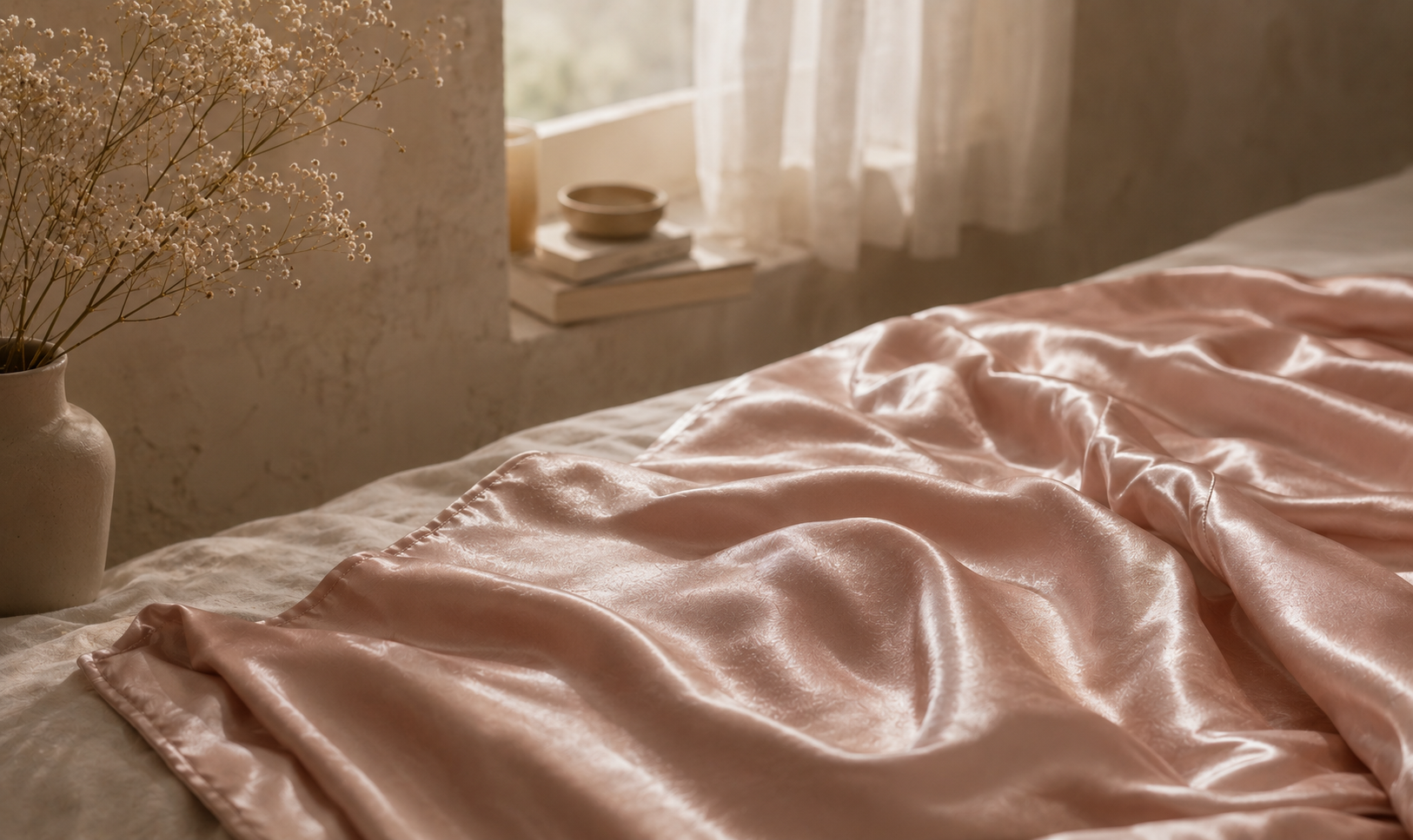 Blush satin fabric catching warm window light on a bed.