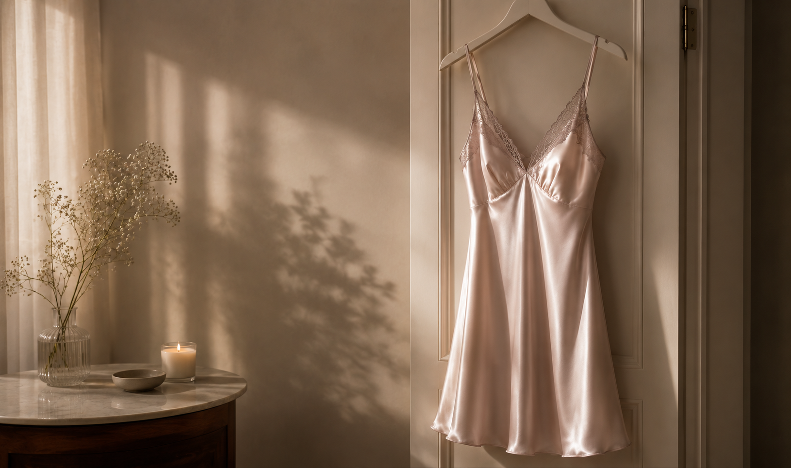 A satin nightgown hanging in warm evening light beside a quiet bedside ritual.