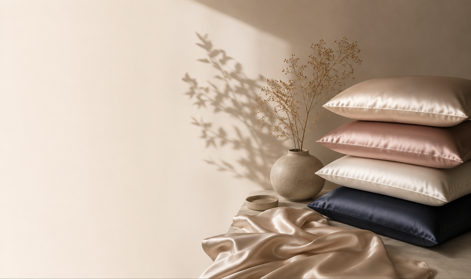 Stacked satin pillows in warm light.